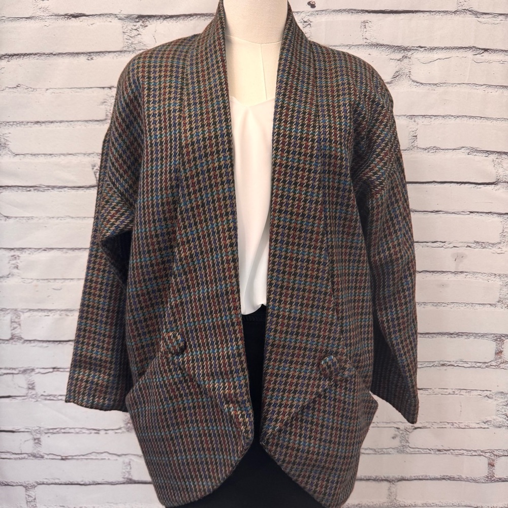 Vintage Tweed Houndstooth Blazer Shawl Collar Wool Feel Medium - Picture 2 of 16